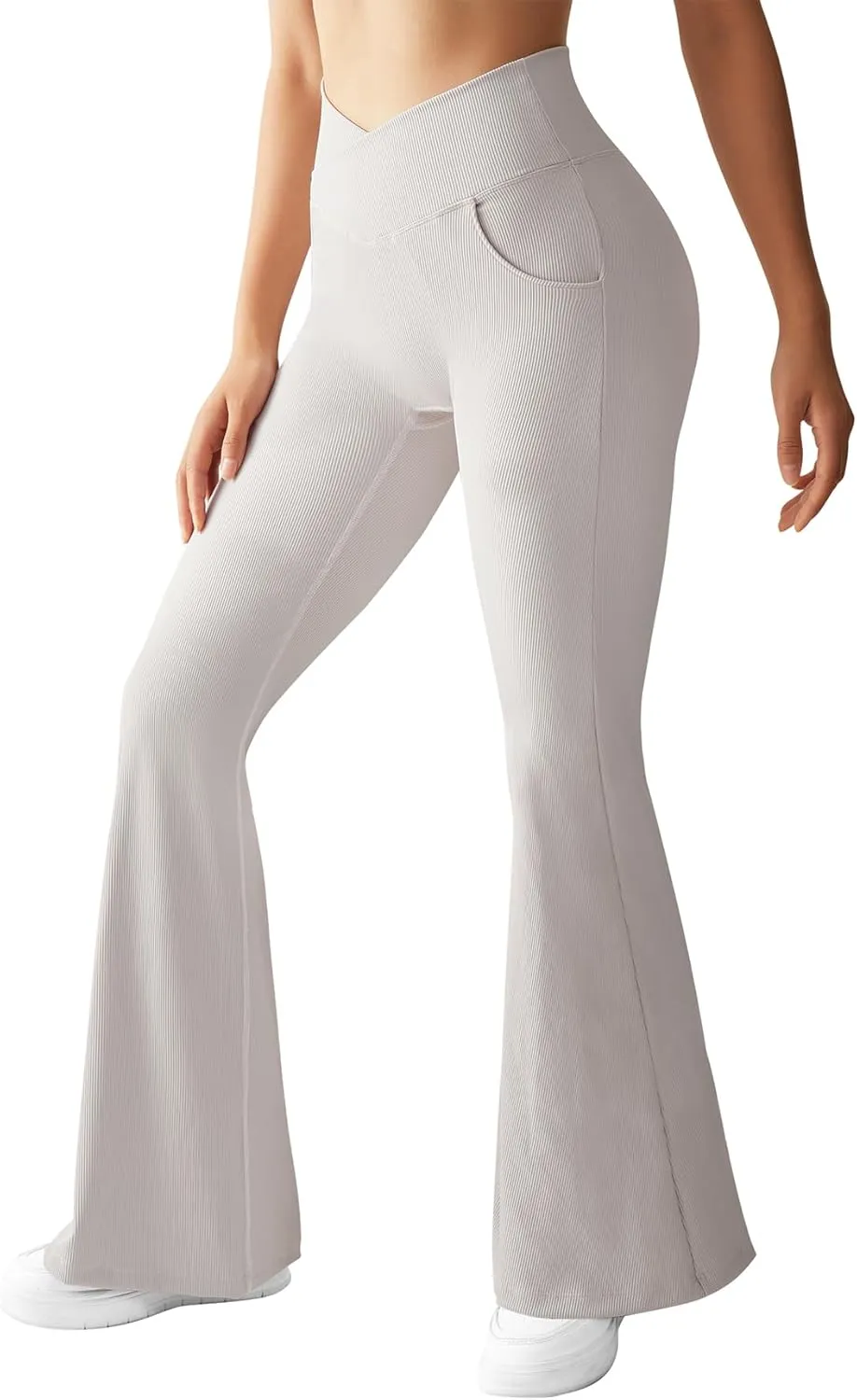 OMKAGI V Waist Flare Leggings for Women Tummy Control Wide Leg Yoga Pants with Pockets
