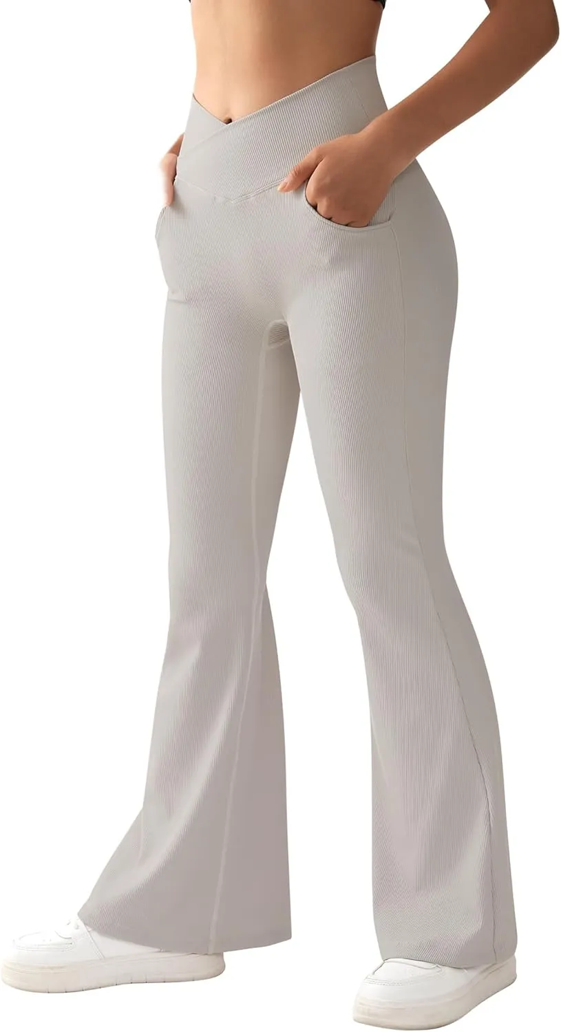 OMKAGI V Waist Flare Leggings for Women Tummy Control Wide Leg Yoga Pants with Pockets