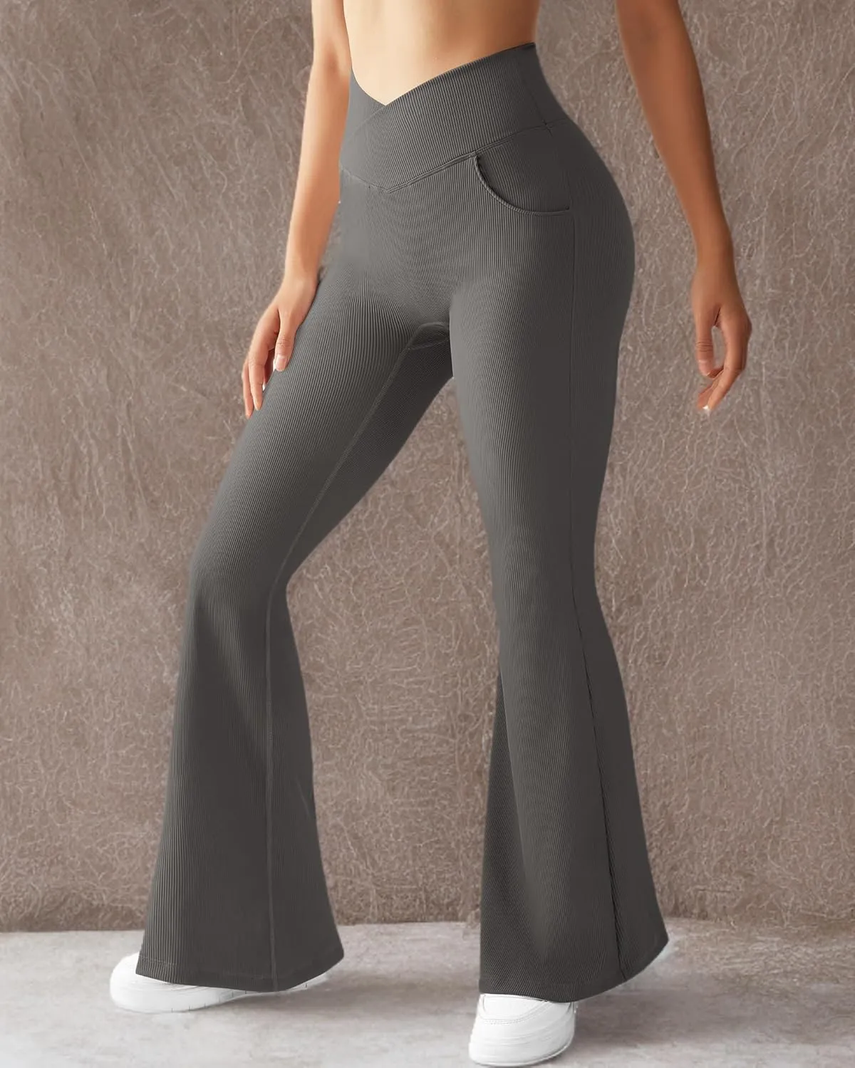 OMKAGI V Waist Flare Leggings for Women Tummy Control Wide Leg Yoga Pants with Pockets