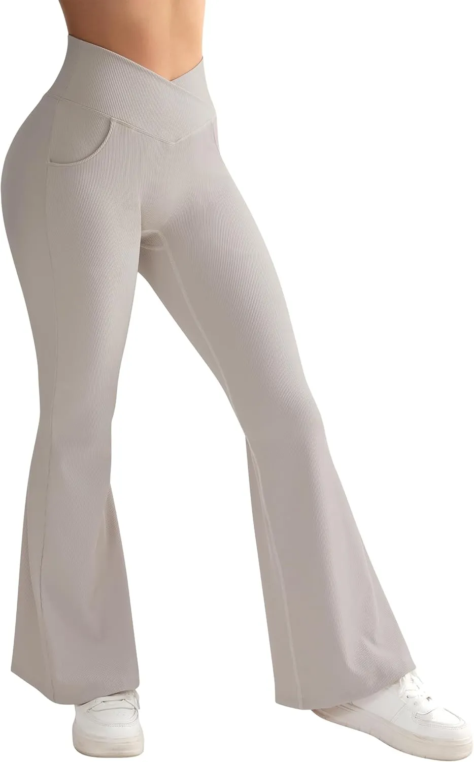 OMKAGI V Waist Flare Leggings for Women Tummy Control Wide Leg Yoga Pants with Pockets