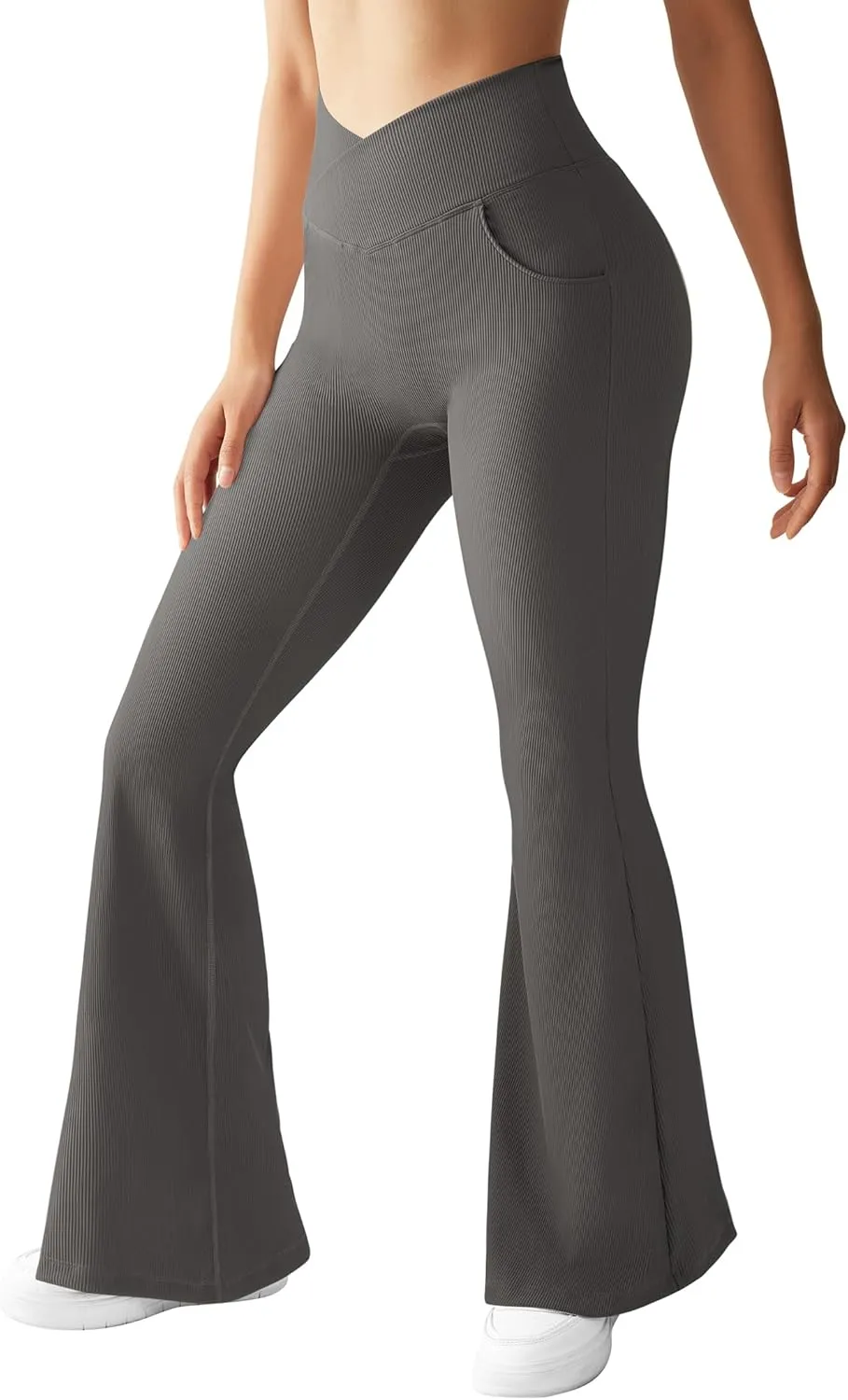 OMKAGI V Waist Flare Leggings for Women Tummy Control Wide Leg Yoga Pants with Pockets
