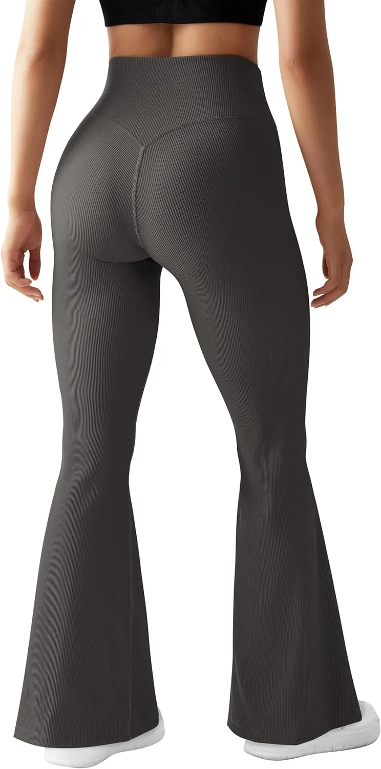 OMKAGI V Waist Flare Leggings for Women Tummy Control Wide Leg Yoga Pants with Pockets