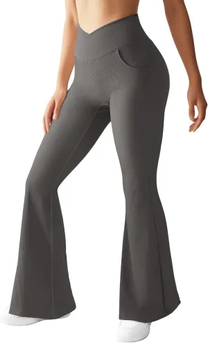 OMKAGI V Waist Flare Leggings for Women Tummy Control Wide Leg Yoga Pants with Pockets