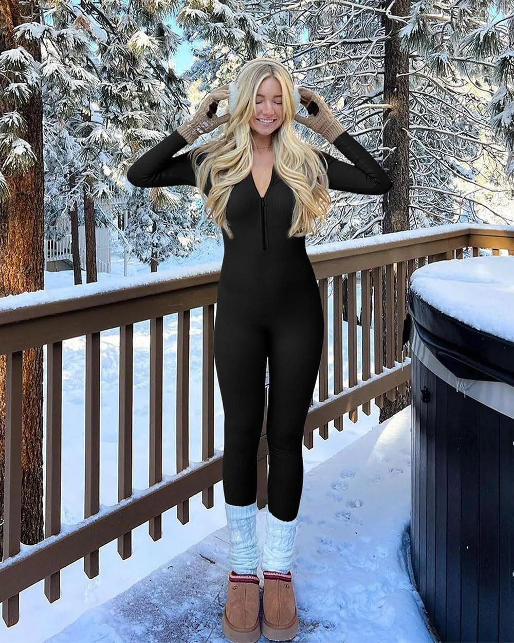 OMKAGI Women Long Sleeve Zip Front One Piece Jumpsuits Ribbed High Neck Workout Yoga Romper