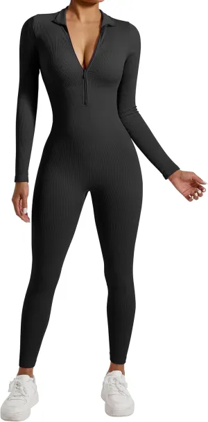 OMKAGI Women Long Sleeve Zip Front One Piece Jumpsuits Ribbed High Neck Workout Yoga Romper