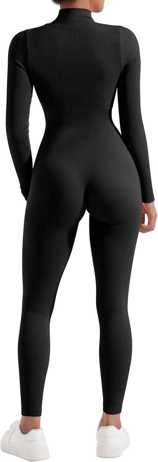 OMKAGI Women Long Sleeve Zip Front One Piece Jumpsuits Ribbed High Neck Workout Yoga Romper