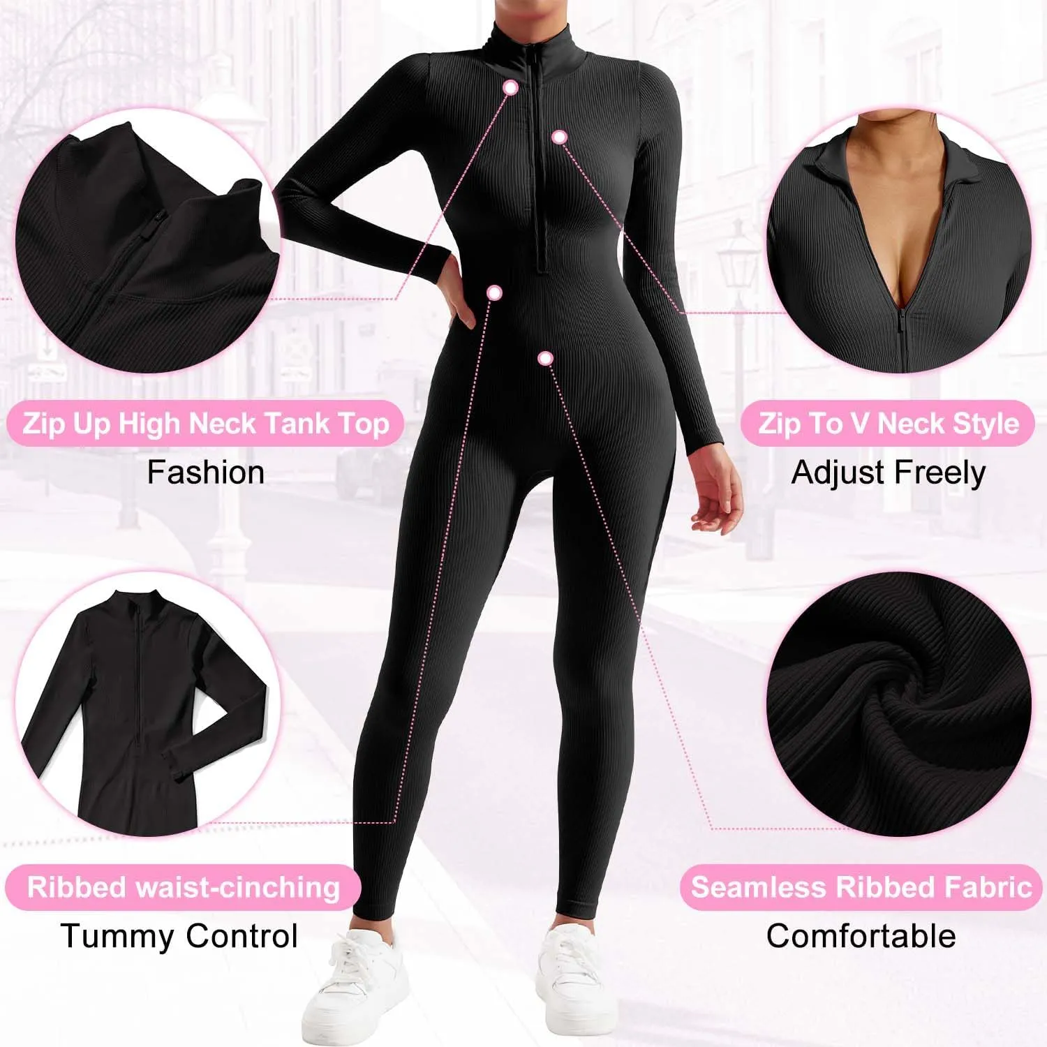 OMKAGI Women Long Sleeve Zip Front One Piece Jumpsuits Ribbed High Neck Workout Yoga Romper