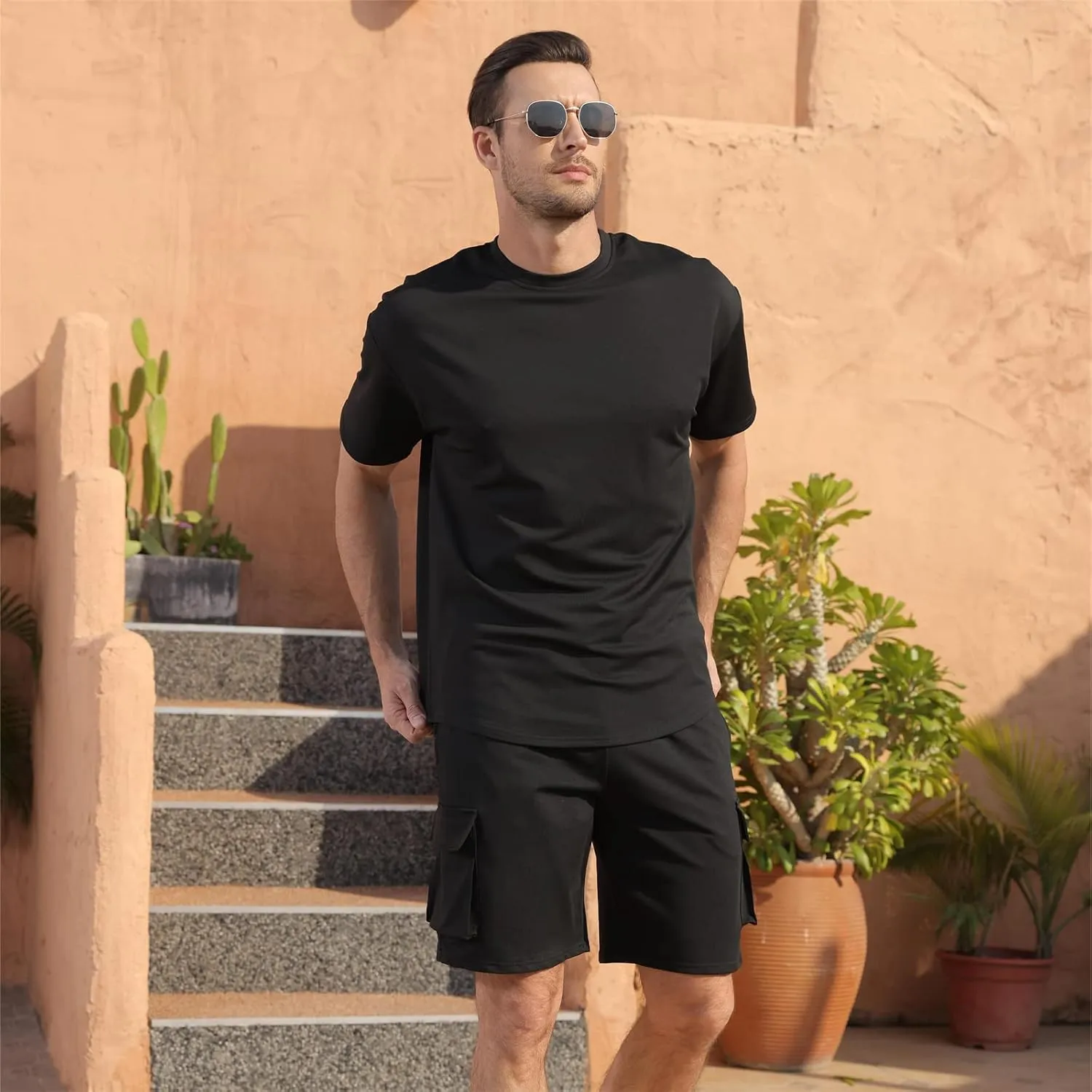 Opomelo Mens Short Sets 2 Piece Outfits - Casual Summer Short Sleeve Sweatsuits Sets for Men with Cargo Pocket