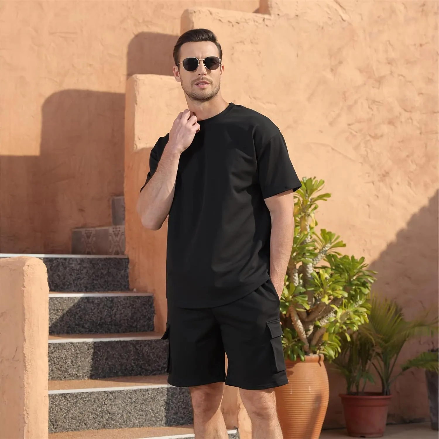 Opomelo Mens Short Sets 2 Piece Outfits - Casual Summer Short Sleeve Sweatsuits Sets for Men with Cargo Pocket