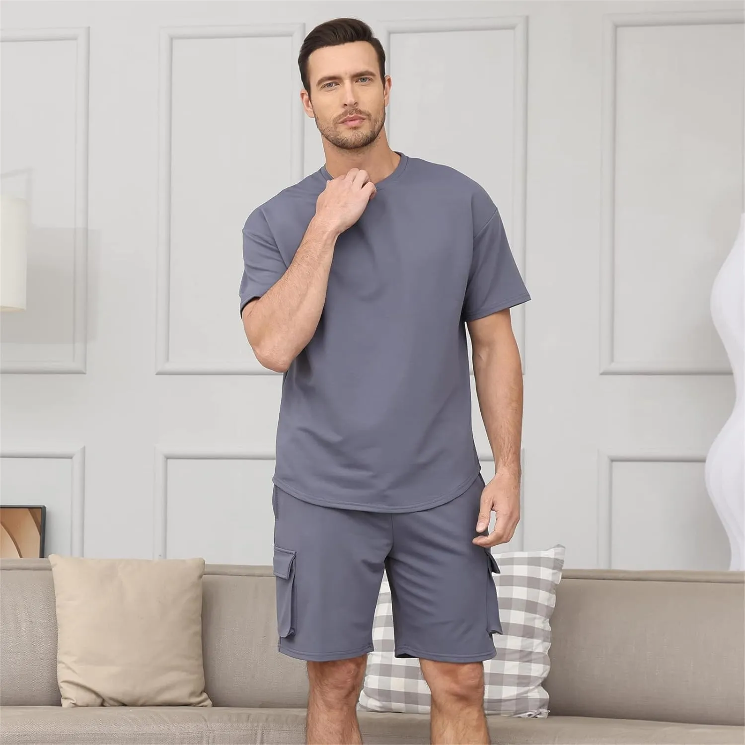 Opomelo Mens Short Sets 2 Piece Outfits - Casual Summer Short Sleeve Sweatsuits Sets for Men with Cargo Pocket