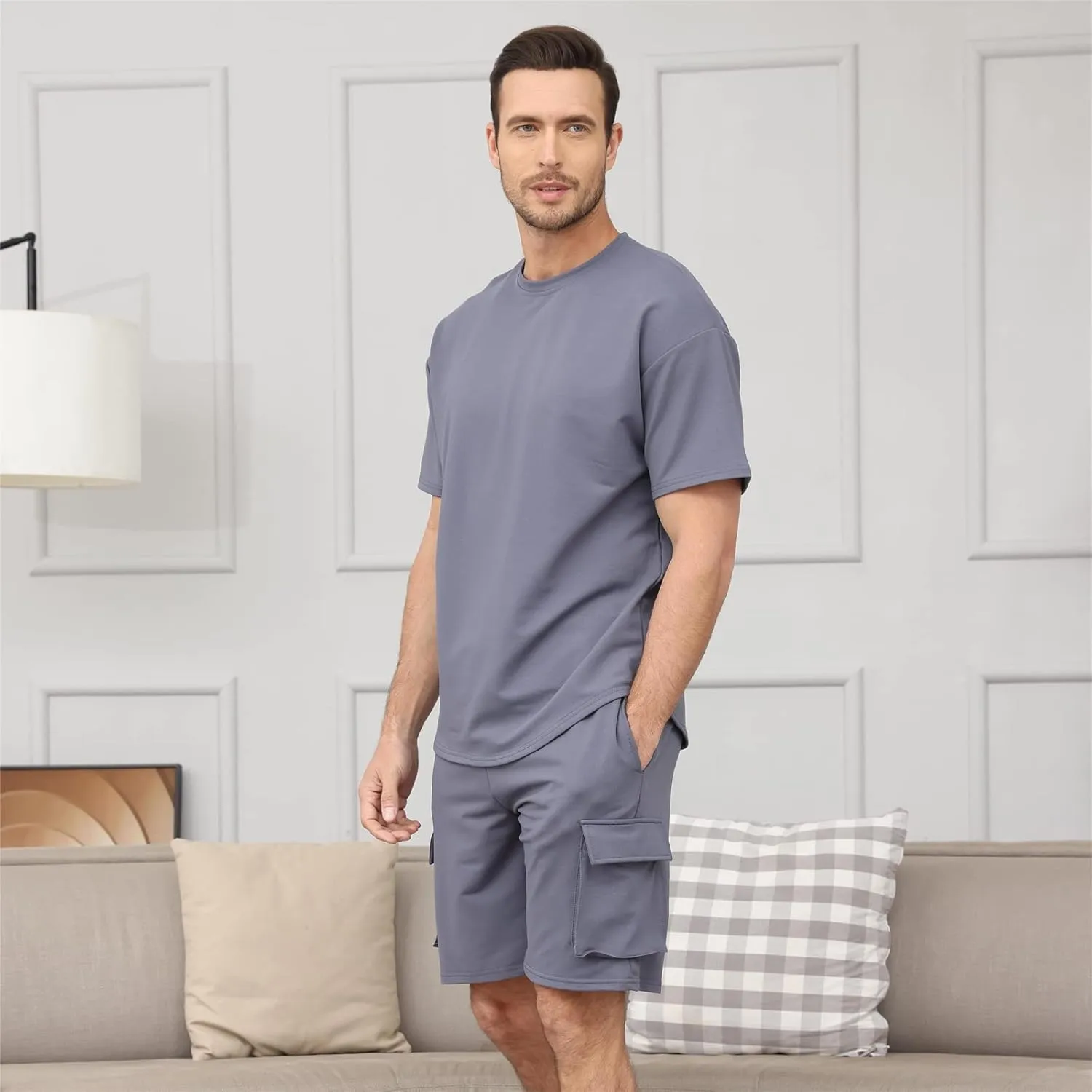 Opomelo Mens Short Sets 2 Piece Outfits - Casual Summer Short Sleeve Sweatsuits Sets for Men with Cargo Pocket