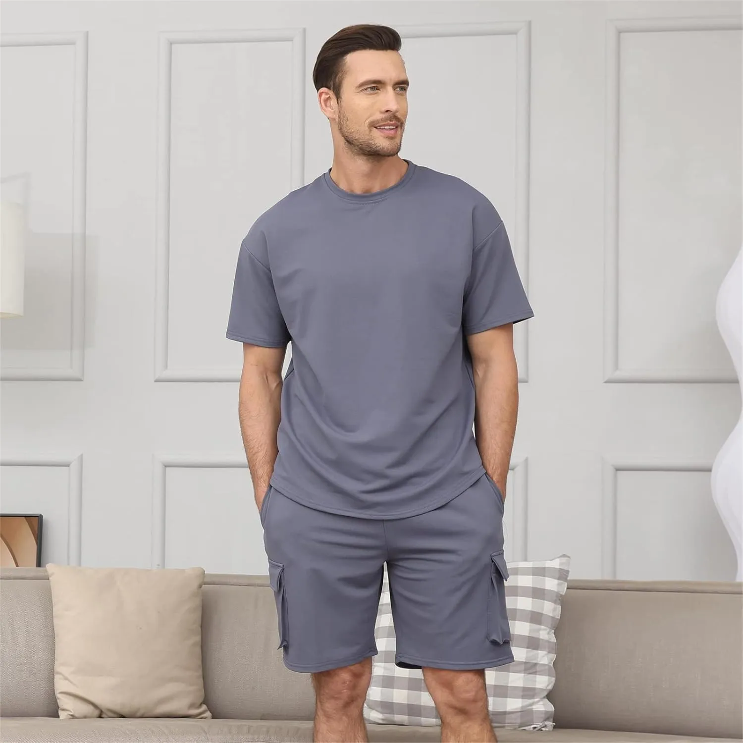 Opomelo Mens Short Sets 2 Piece Outfits - Casual Summer Short Sleeve Sweatsuits Sets for Men with Cargo Pocket