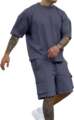 Opomelo Mens Short Sets 2 Piece Outfits - Casual Summer Short Sleeve Sweatsuits Sets for Men with Cargo Pocket