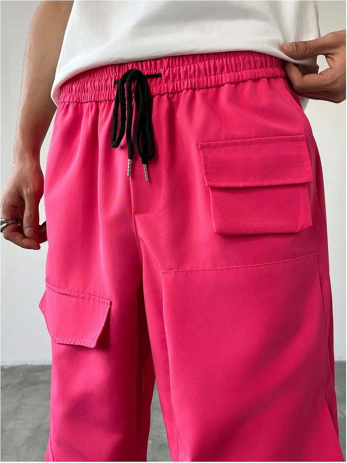 OYOANGLE Men's Flap Pocket Cargo Pants Drawstring Waist Straight Leg Trousers with Pocket Streetwear