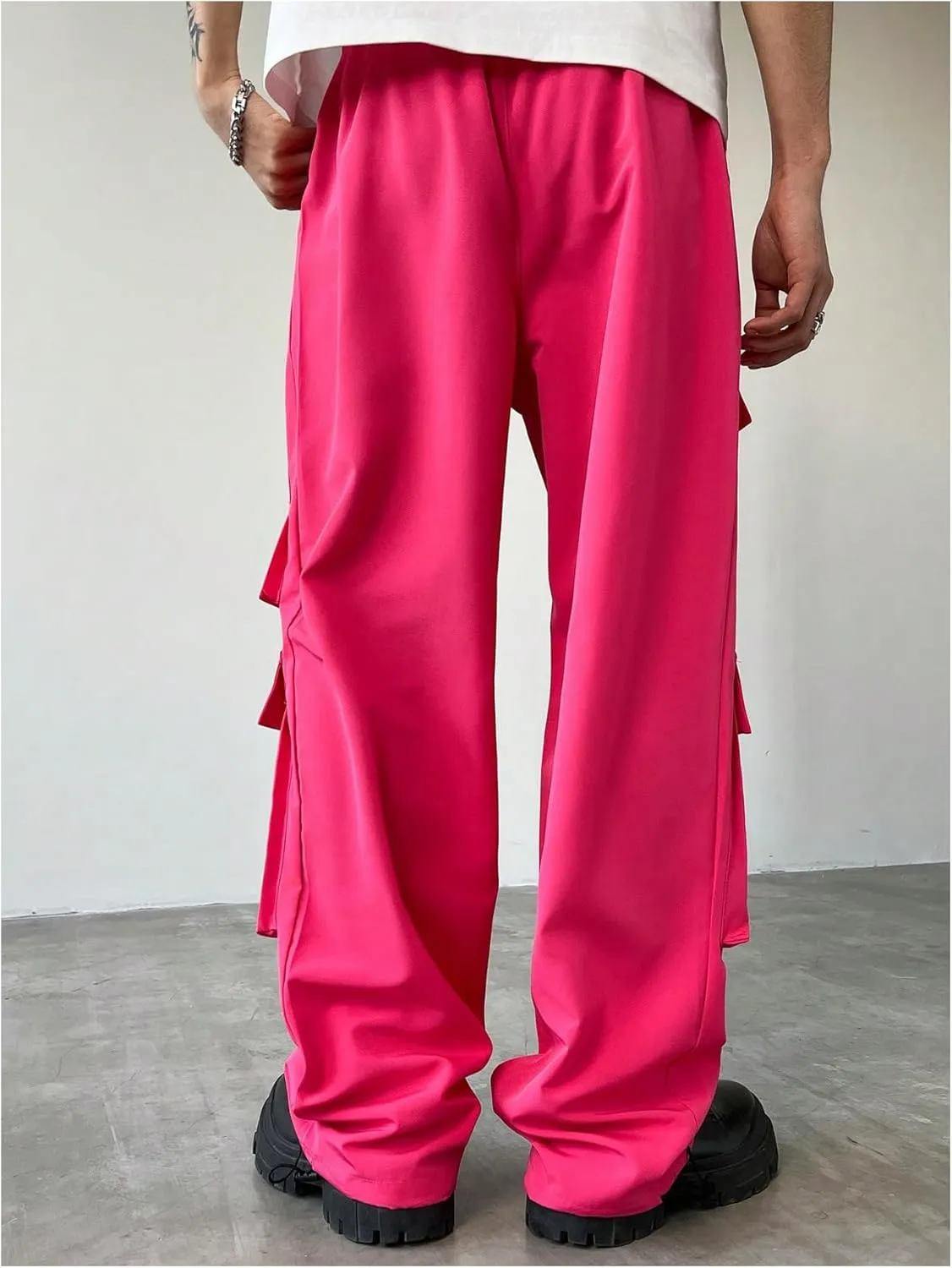 OYOANGLE Men's Flap Pocket Cargo Pants Drawstring Waist Straight Leg Trousers with Pocket Streetwear