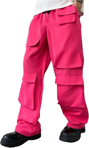 OYOANGLE Men's Flap Pocket Cargo Pants Drawstring Waist Straight Leg Trousers with Pocket Streetwear