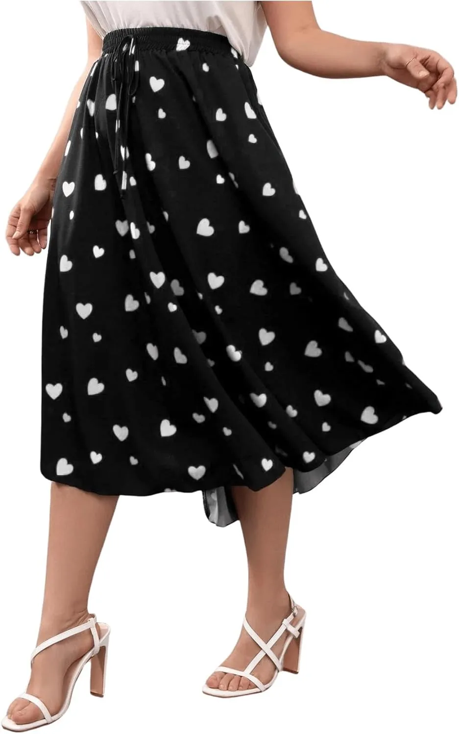 OYOANGLE Women's Plus Size Heart Print Elastic High Waisted A Line Flowy Flare Midi Long Skirt