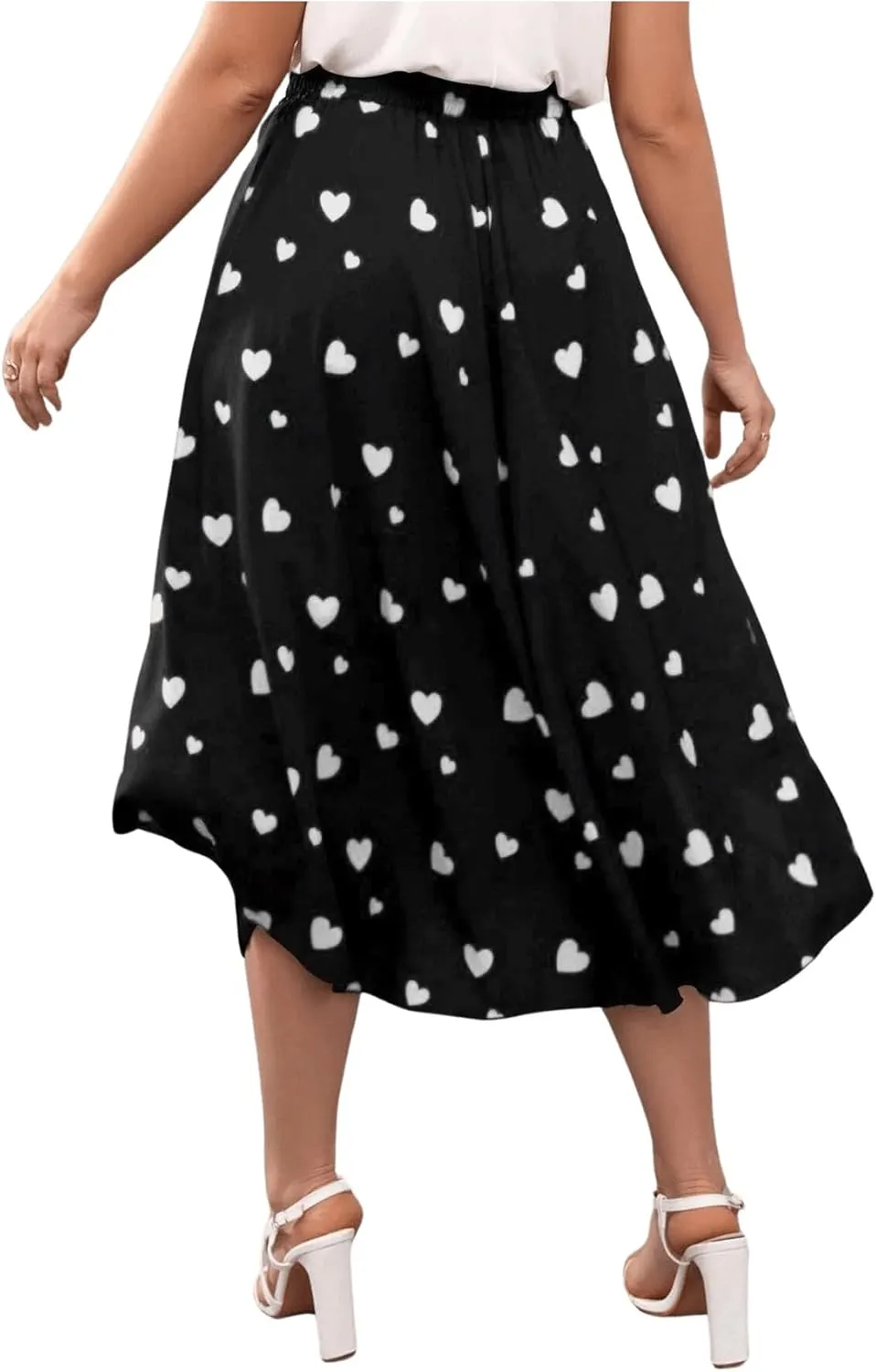 OYOANGLE Women's Plus Size Heart Print Elastic High Waisted A Line Flowy Flare Midi Long Skirt
