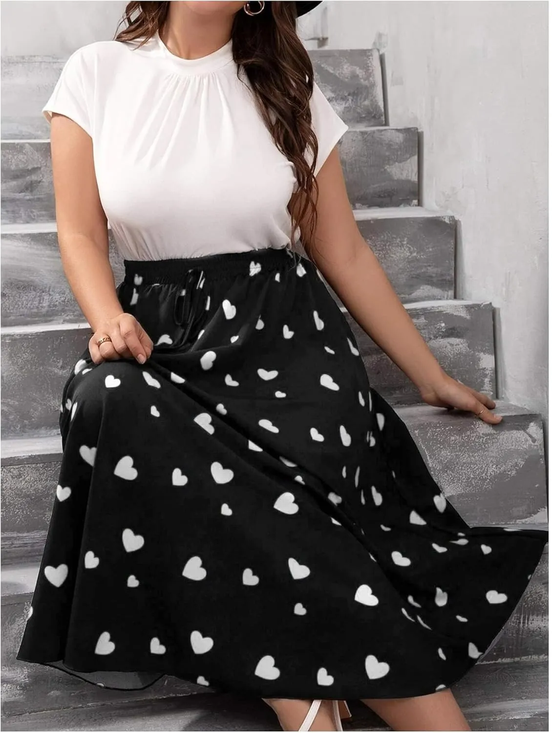 OYOANGLE Women's Plus Size Heart Print Elastic High Waisted A Line Flowy Flare Midi Long Skirt