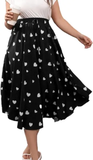 OYOANGLE Women's Plus Size Heart Print Elastic High Waisted A Line Flowy Flare Midi Long Skirt