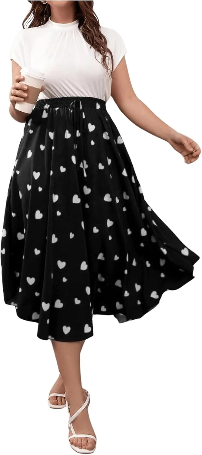 OYOANGLE Women's Plus Size Heart Print Elastic High Waisted A Line Flowy Flare Midi Long Skirt