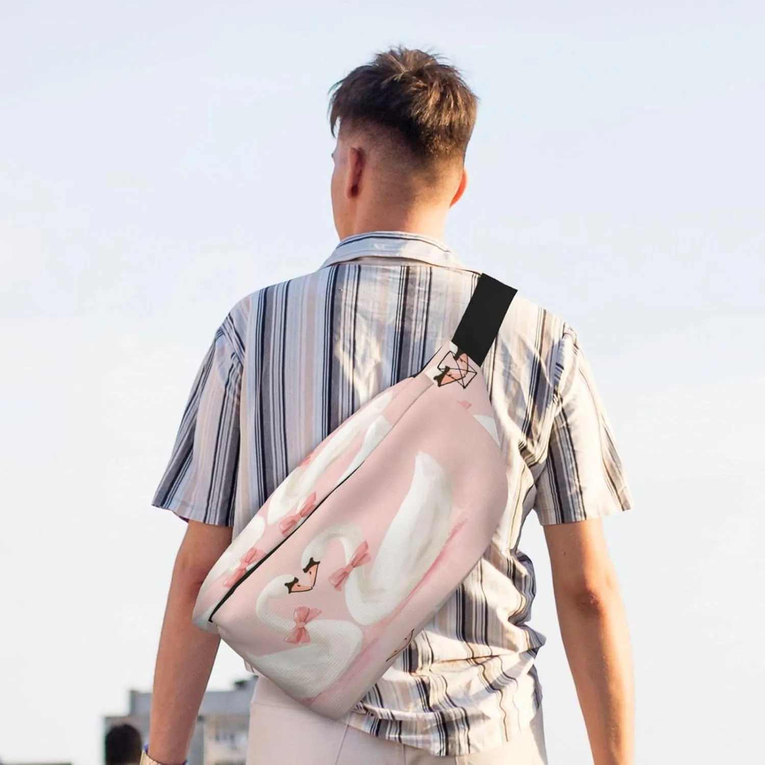 Pair Of Swans With Pink Bows Fanny Pack For Women Man, Waist Belt Bag Crossbody For Sports Travel Hiking Running Jogging