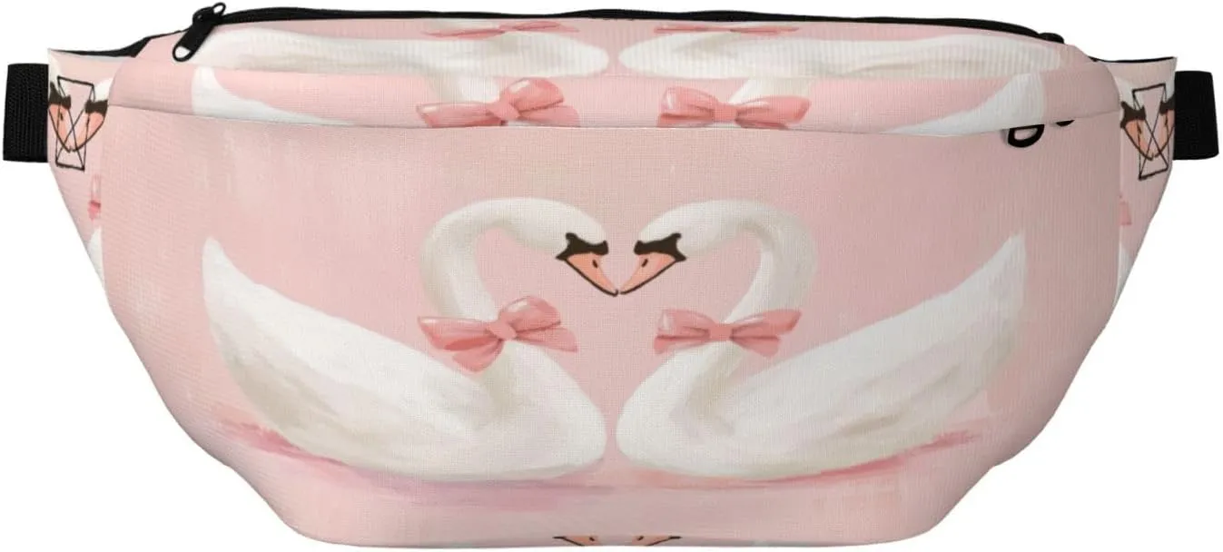 Pair Of Swans With Pink Bows Fanny Pack For Women Man, Waist Belt Bag Crossbody For Sports Travel Hiking Running Jogging