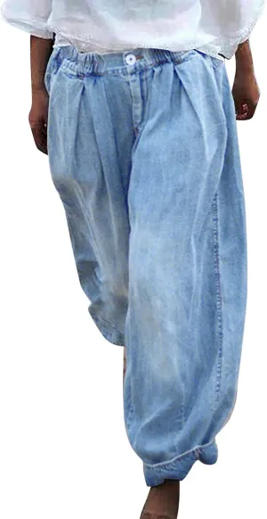 Pants for Women Women's Wide Leg Baggy Jeans Plus Size Loose Elastic Waist Denim Pants with Deep Pockets