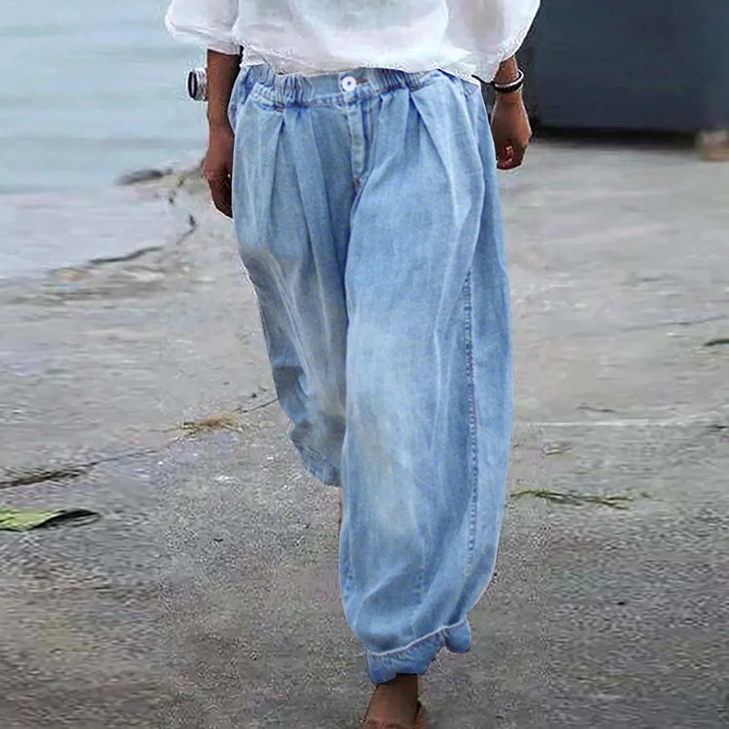 Pants for Women Women's Wide Leg Baggy Jeans Plus Size Loose Elastic Waist Denim Pants with Deep Pockets