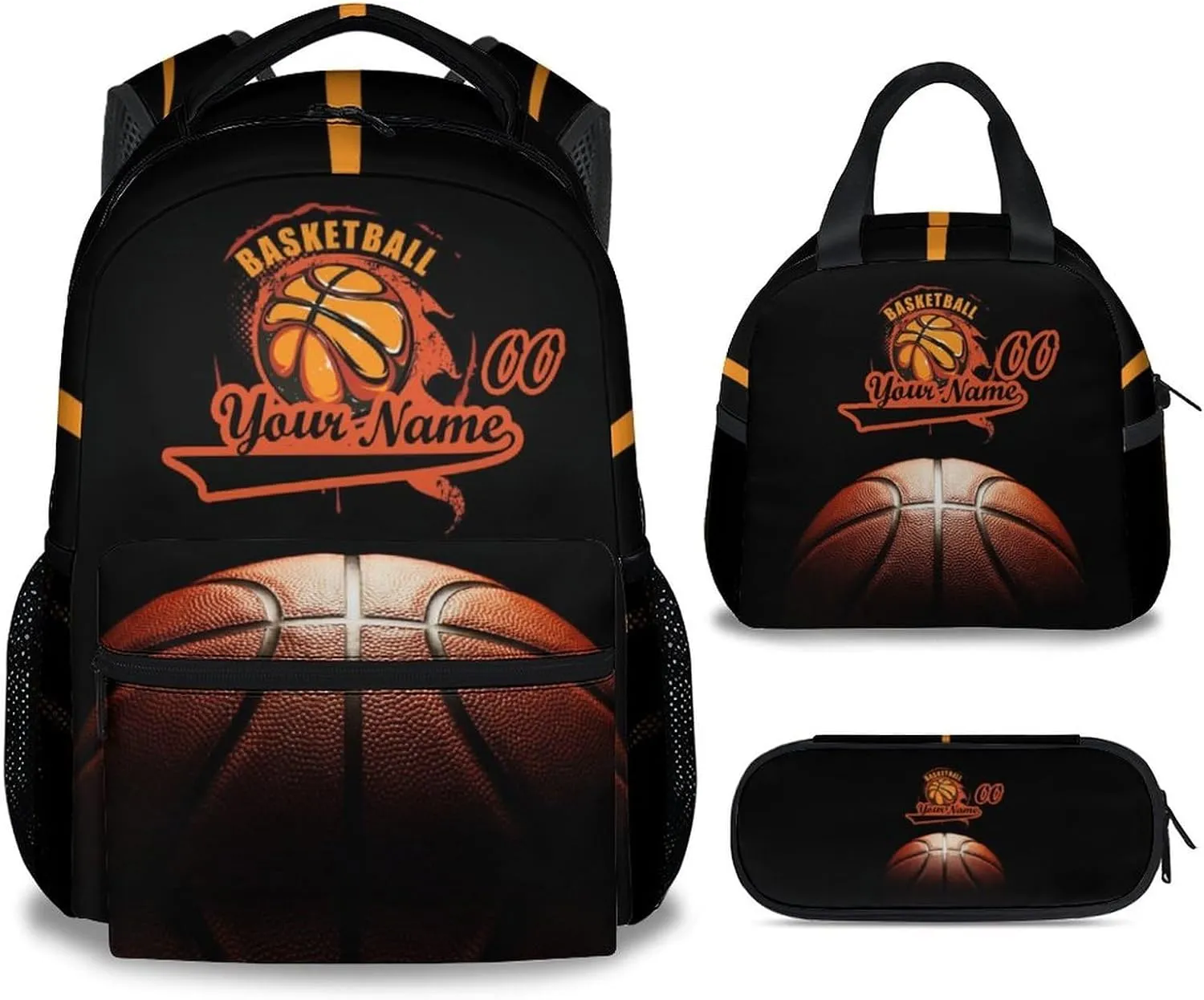 Personalized Basketball Backpack with Lunch Box and Pencil Case Set, 3 in 1 Matching Boys Black Backpacks Combo, Cool Bookbag and Pencil Case Bundle