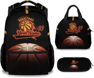 Personalized Basketball Backpack with Lunch Box and Pencil Case Set, 3 in 1 Matching Boys Black Backpacks Combo, Cool Bookbag and Pencil Case Bundle