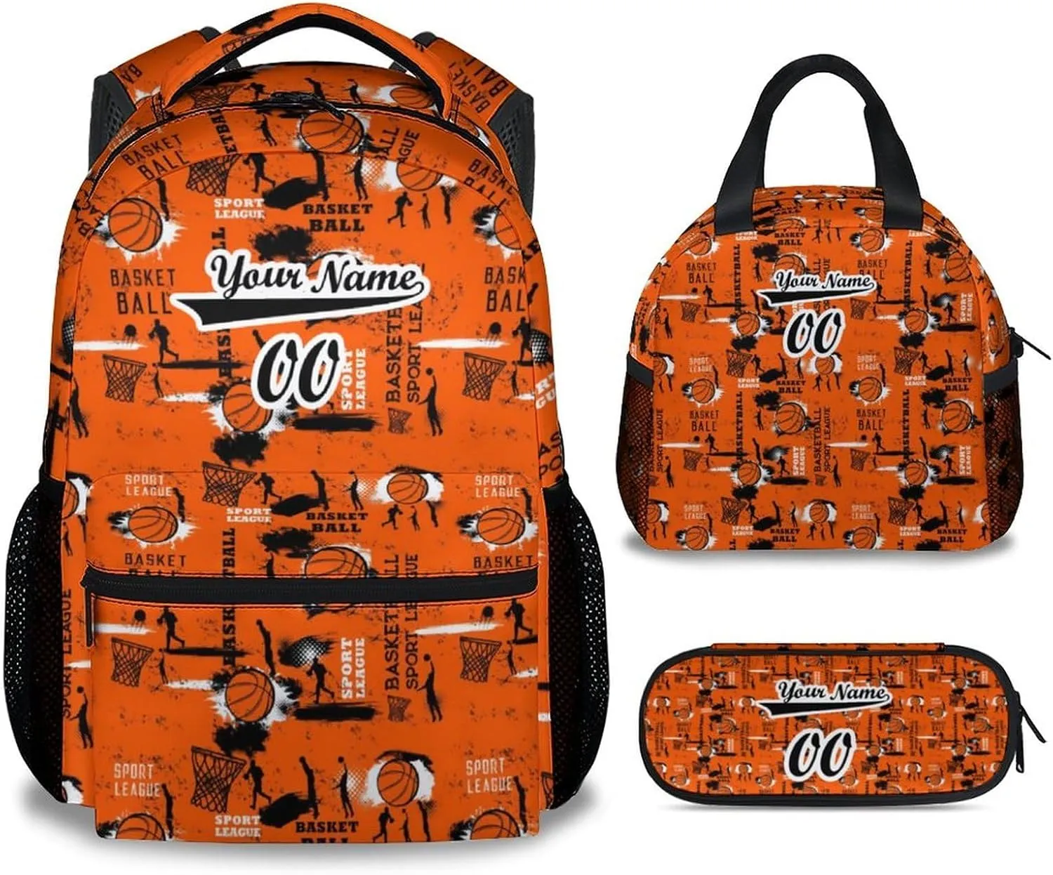 Personalized Basketball Backpack with Lunch Box and Pencil Case Set, 3 in 1 Matching Boys Orange Backpacks Combo, Cool Bookbag and Pencil Case Bundle