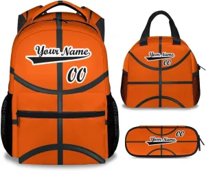 Personalized Basketball Backpack with Lunch Box and Pencil Case Set, 3 in 1 Matching Boys Orange Backpacks Combo, Cool Bookbag and Pencil Case Bundle
