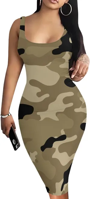PinkPatty Camouflage Midi Dress for Women Casual Sleeveless Tank Dress Bodycon Basic Sundress Plus Size