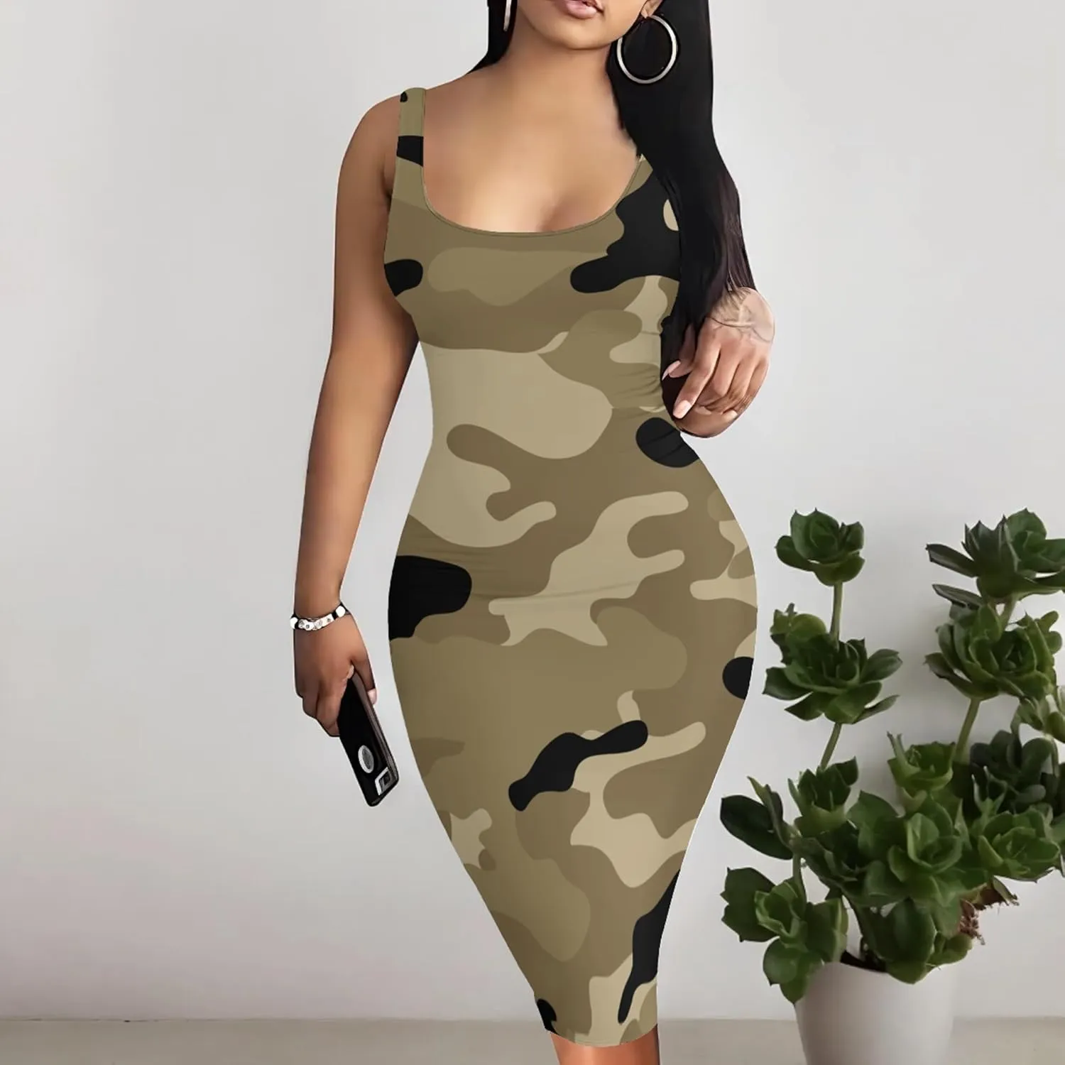 PinkPatty Camouflage Midi Dress for Women Casual Sleeveless Tank Dress Bodycon Basic Sundress Plus Size