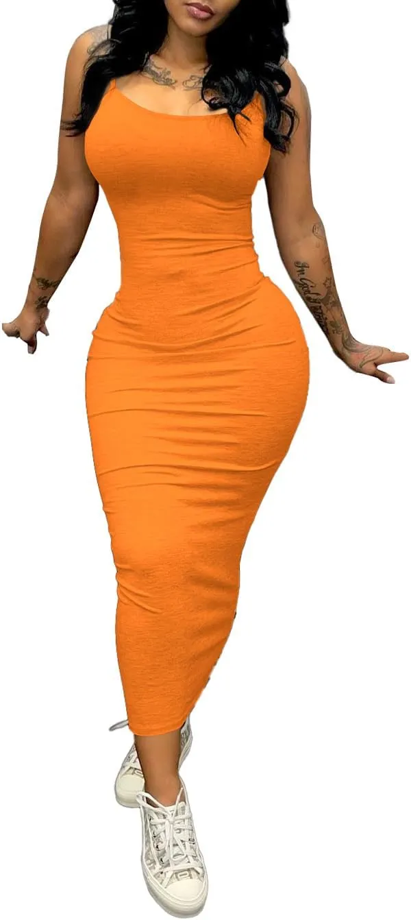 PINSV Women's Bodycon Long Slip Dress Spaghetti Strap Summer Maxi Dress Modern Casual Sundress
