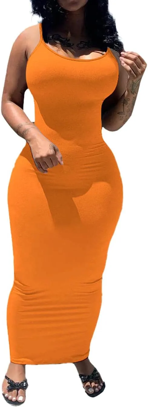 PINSV Women's Bodycon Long Slip Dress Spaghetti Strap Summer Maxi Dress Modern Casual Sundress
