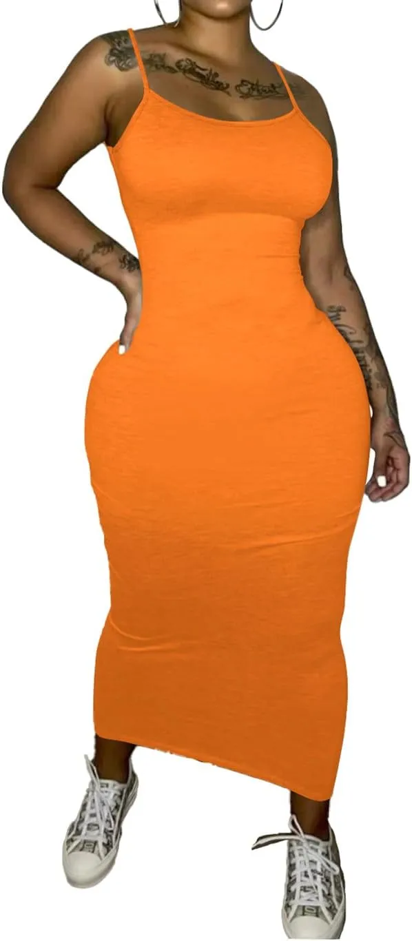PINSV Women's Bodycon Long Slip Dress Spaghetti Strap Summer Maxi Dress Modern Casual Sundress