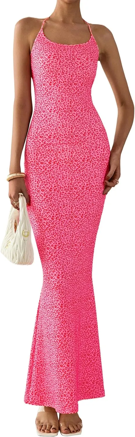 PRETTYGARDEN Maxi Dresses for Women 2025 Summer Halter Leopard Print Sleeveless Sexy Bodycon Cruise Cocktail Long Dress