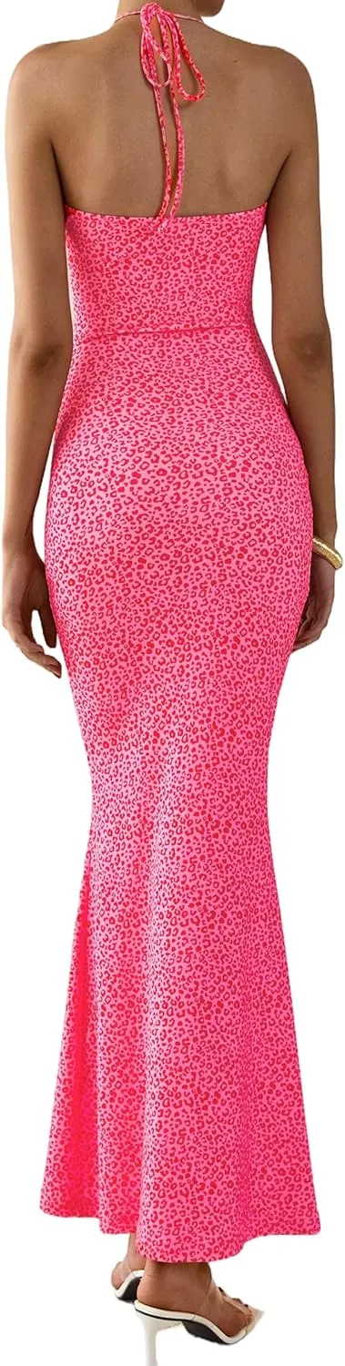 PRETTYGARDEN Maxi Dresses for Women 2025 Summer Halter Leopard Print Sleeveless Sexy Bodycon Cruise Cocktail Long Dress