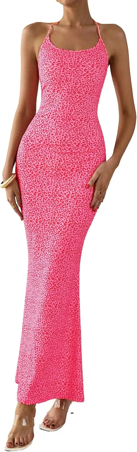 PRETTYGARDEN Maxi Dresses for Women 2025 Summer Halter Leopard Print Sleeveless Sexy Bodycon Cruise Cocktail Long Dress