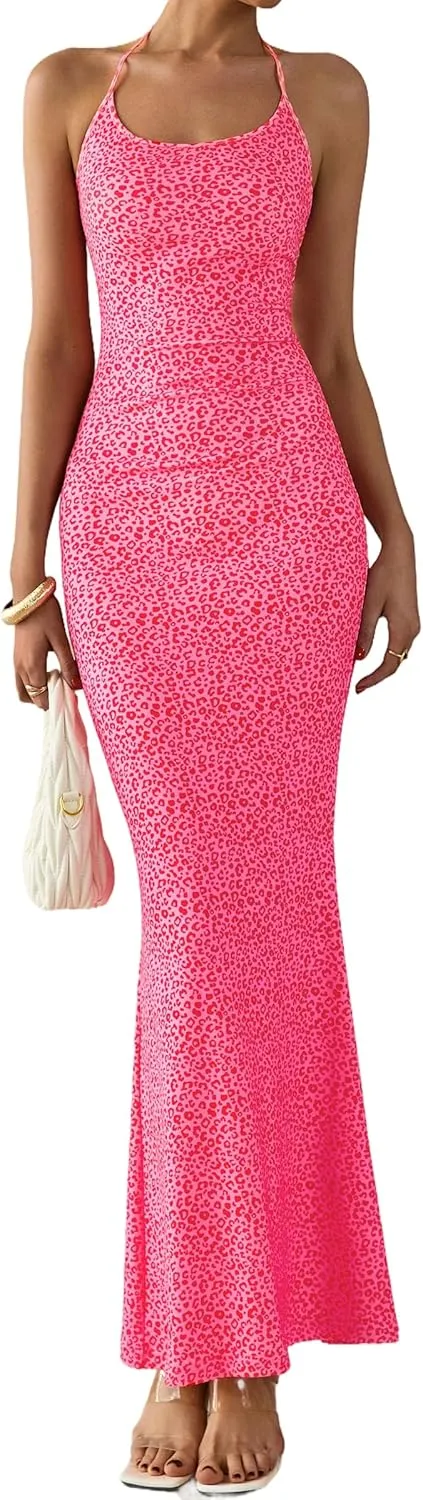 PRETTYGARDEN Maxi Dresses for Women 2025 Summer Halter Leopard Print Sleeveless Sexy Bodycon Cruise Cocktail Long Dress
