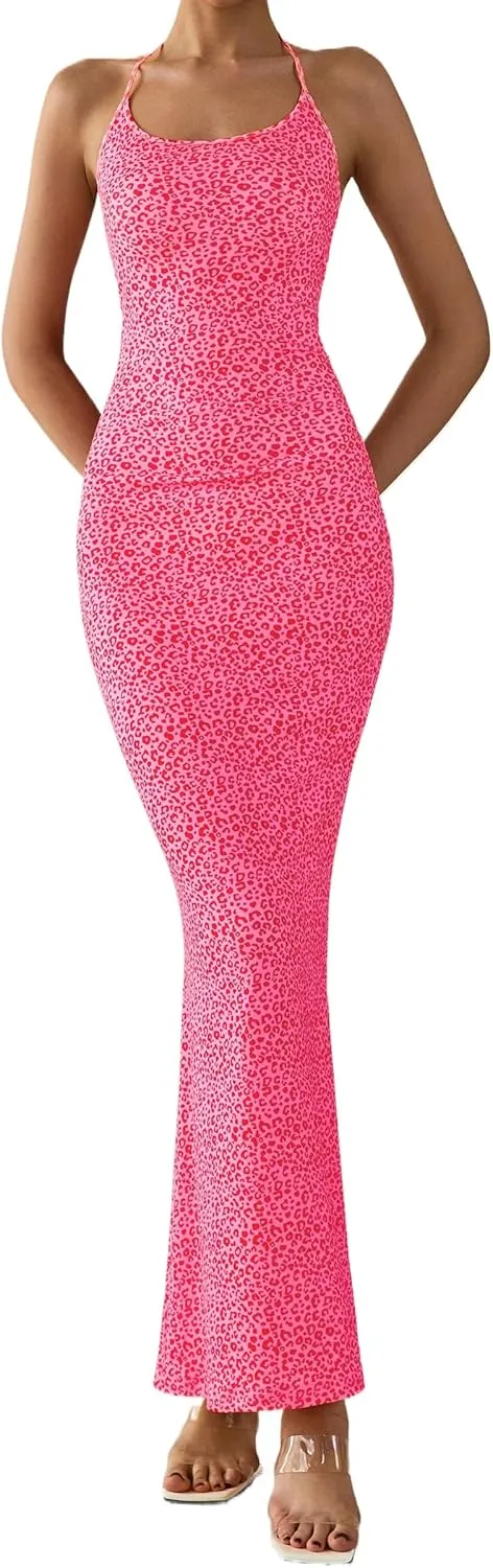 PRETTYGARDEN Maxi Dresses for Women 2025 Summer Halter Leopard Print Sleeveless Sexy Bodycon Cruise Cocktail Long Dress