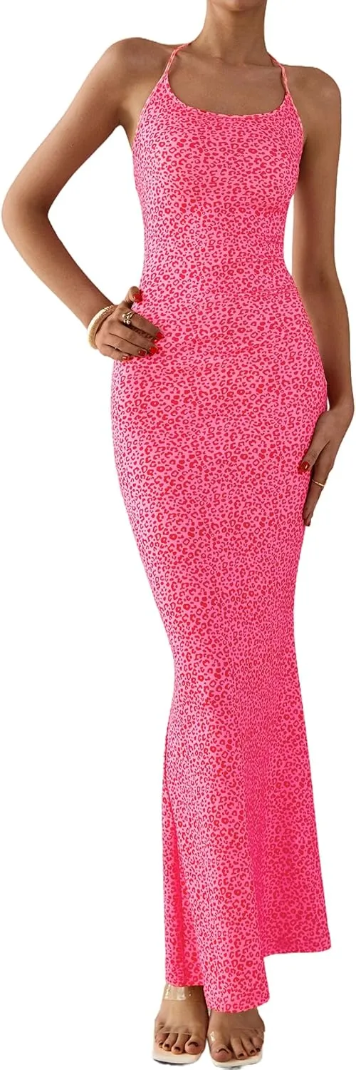 PRETTYGARDEN Maxi Dresses for Women 2025 Summer Halter Leopard Print Sleeveless Sexy Bodycon Cruise Cocktail Long Dress
