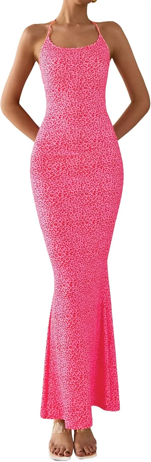 PRETTYGARDEN Maxi Dresses for Women 2025 Summer Halter Leopard Print Sleeveless Sexy Bodycon Cruise Cocktail Long Dress