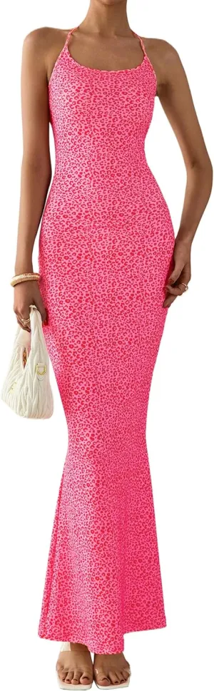 PRETTYGARDEN Maxi Dresses for Women 2025 Summer Halter Leopard Print Sleeveless Sexy Bodycon Cruise Cocktail Long Dress