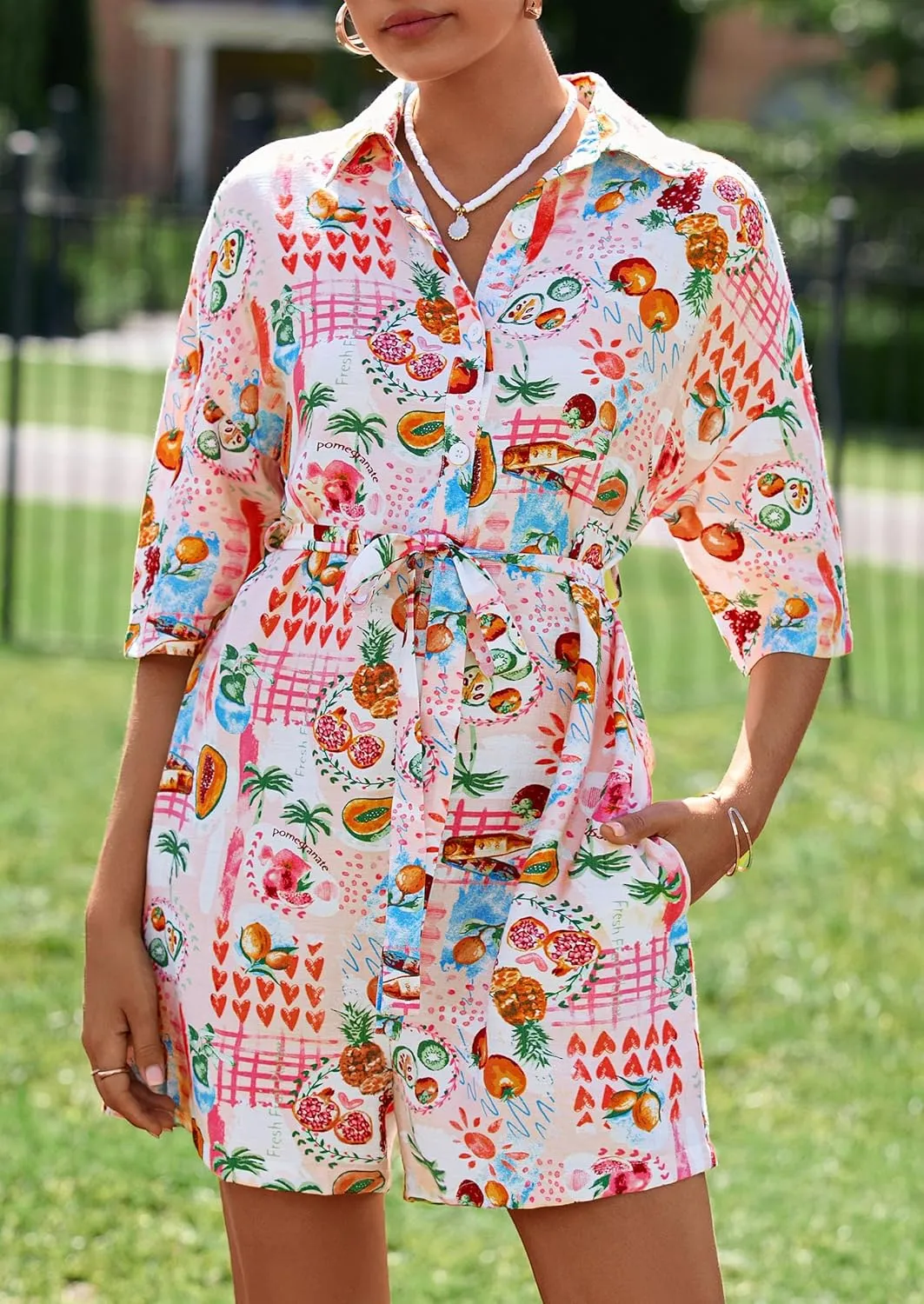 PRETTYGARDEN Womens Rompers for Summer 2025 Beach Vacation Clothes Short Sleeves Floral Jumpsuits Beach Cover Up