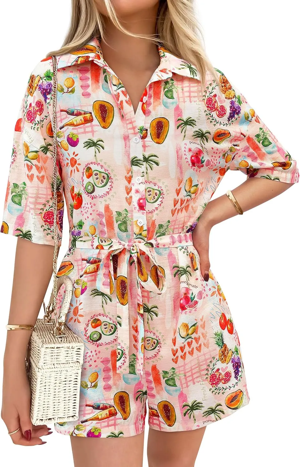 PRETTYGARDEN Womens Rompers for Summer 2025 Beach Vacation Clothes Short Sleeves Floral Jumpsuits Beach Cover Up