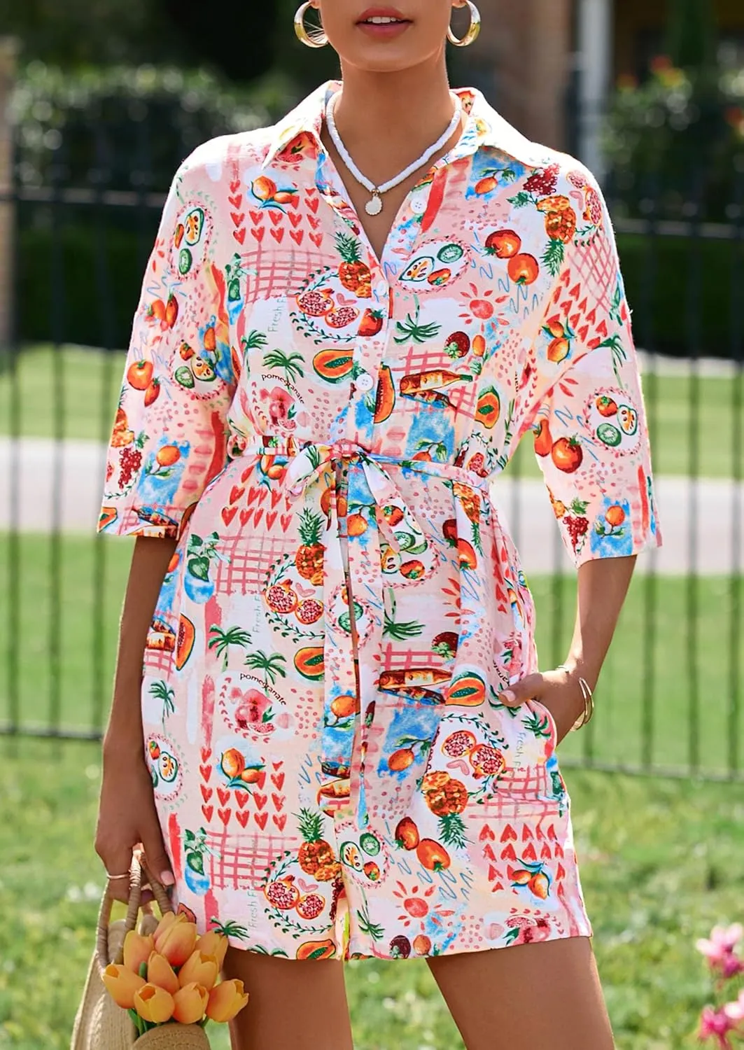 PRETTYGARDEN Womens Rompers for Summer 2025 Beach Vacation Clothes Short Sleeves Floral Jumpsuits Beach Cover Up