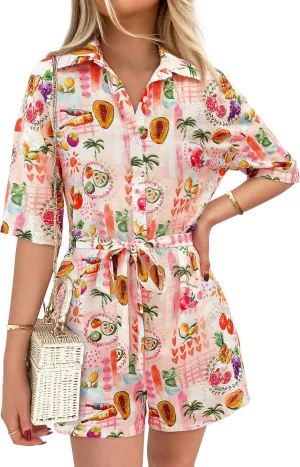 PRETTYGARDEN Womens Rompers for Summer 2025 Beach Vacation Clothes Short Sleeves Floral Jumpsuits Beach Cover Up